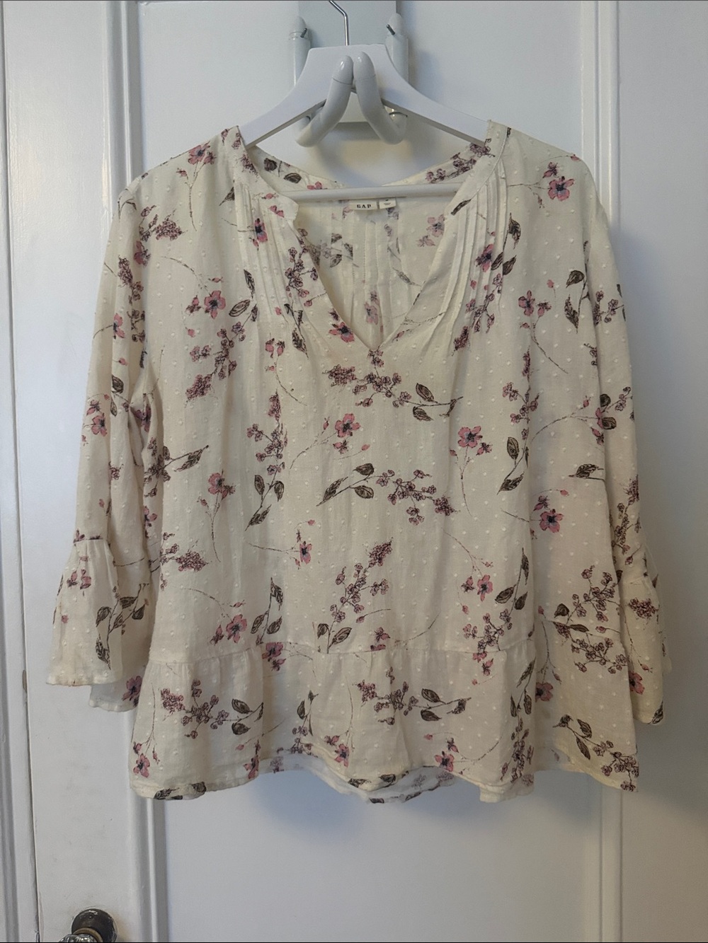 Women's Cream Floral Peasant Blouse - Soft Pink & Brown Print